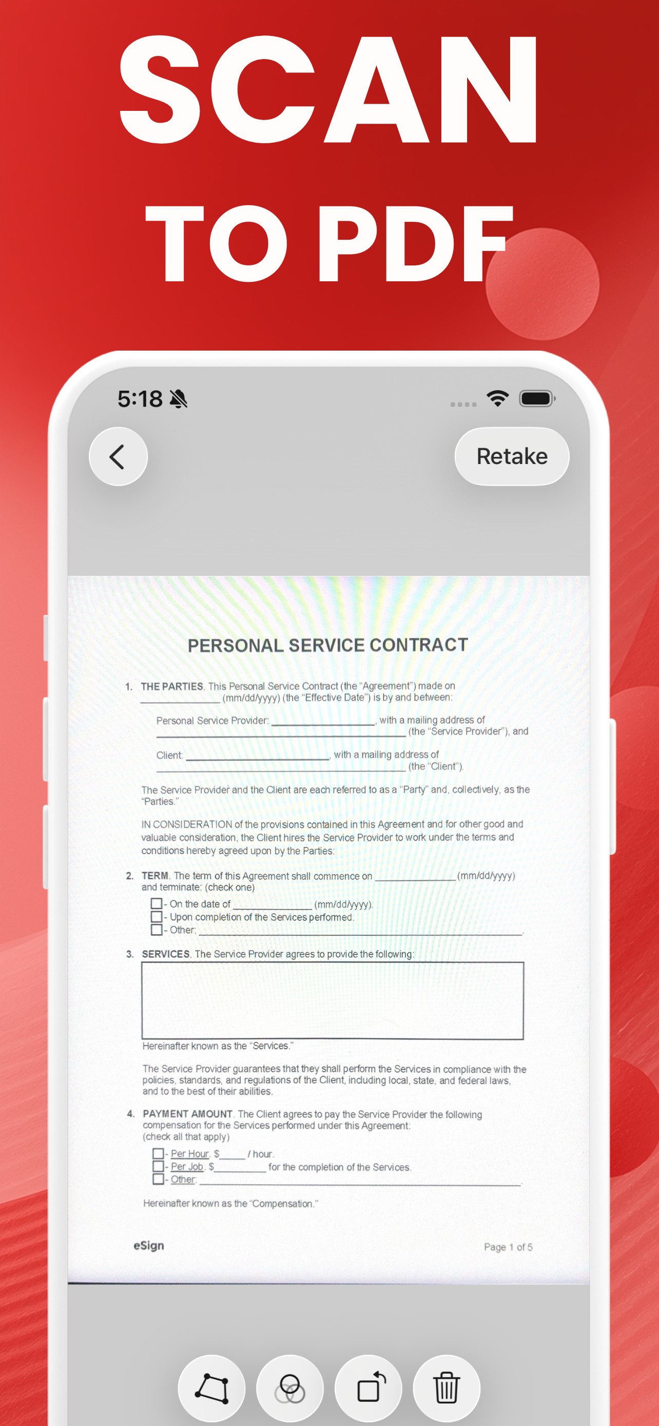 The built-in document scanner detecting the edges of a contract before saving it as PDF