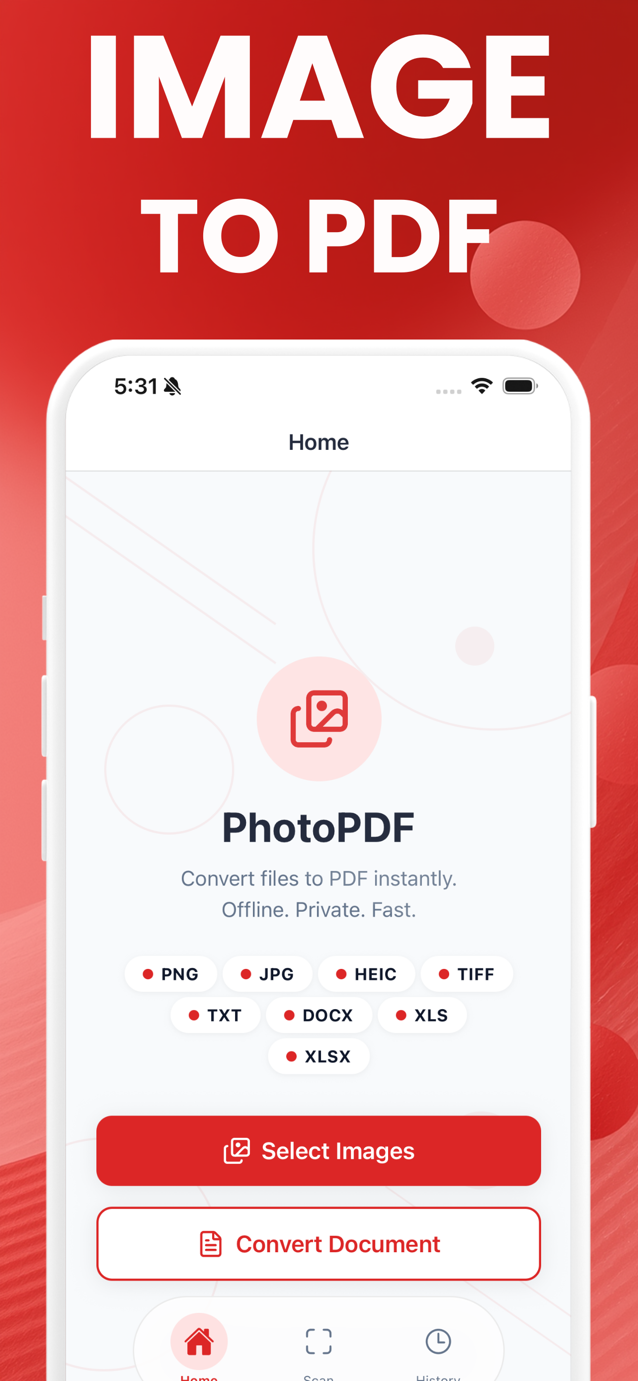 The app home screen with Select Images and Convert Document, listing the supported formats