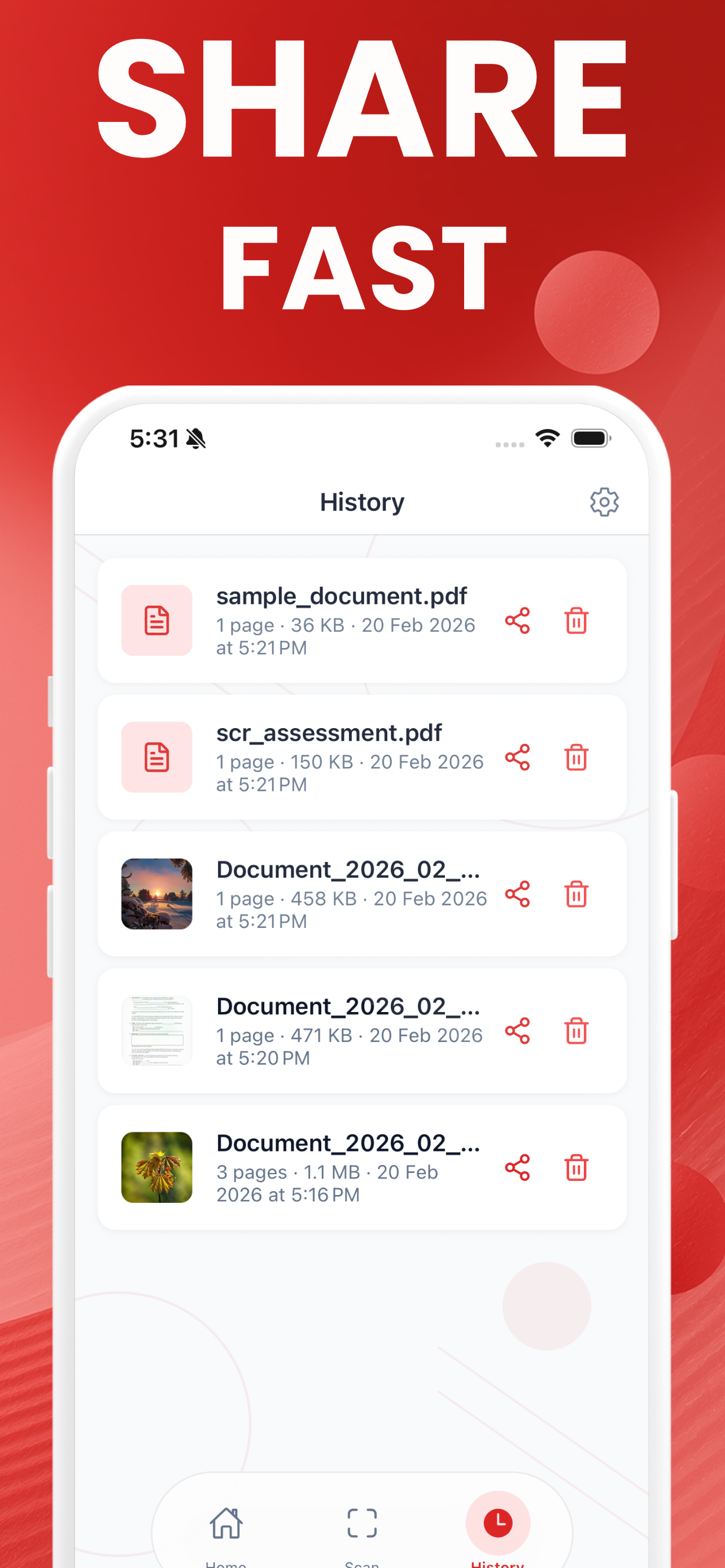 Conversion history showing each saved PDF with its page count, file size and share button