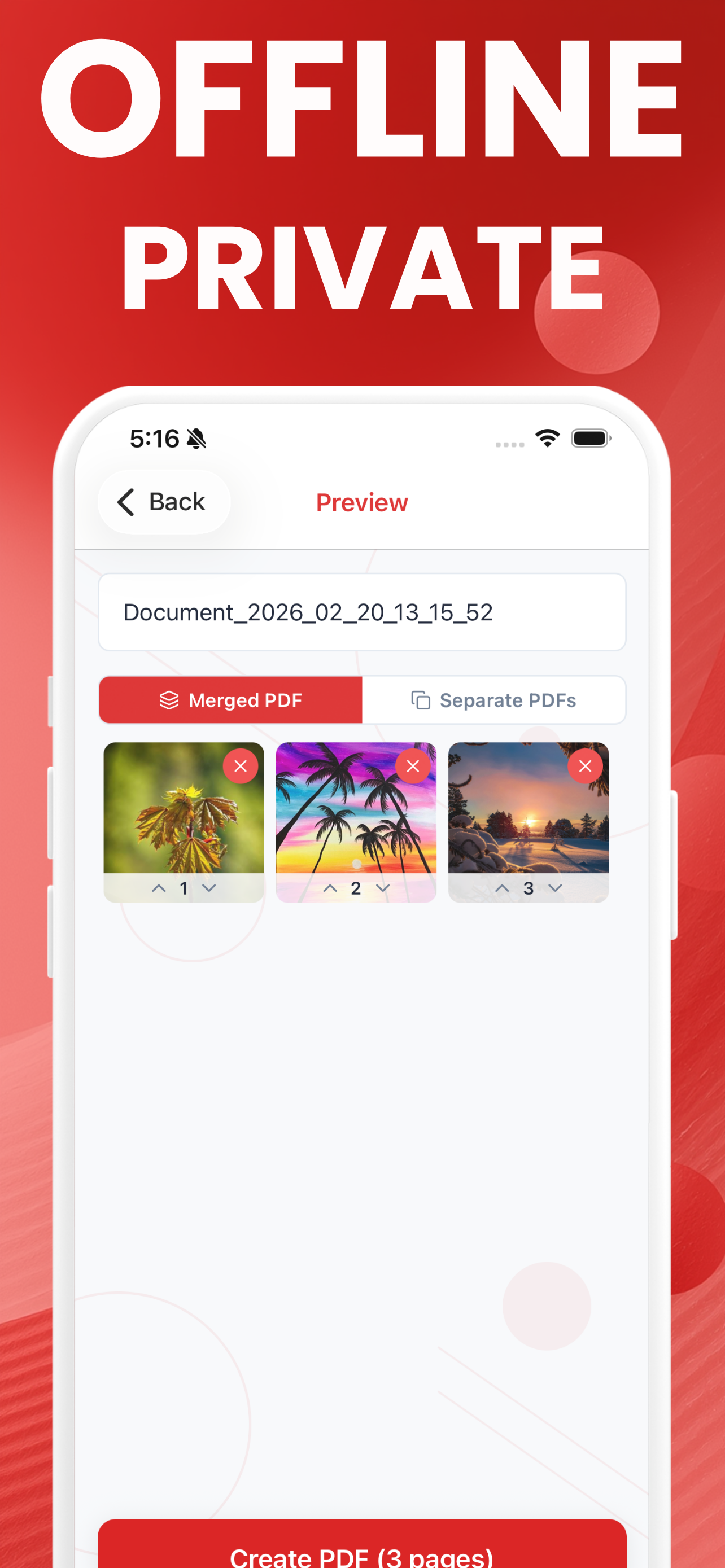 The preview screen with a merged-or-separate toggle and reorderable image thumbnails